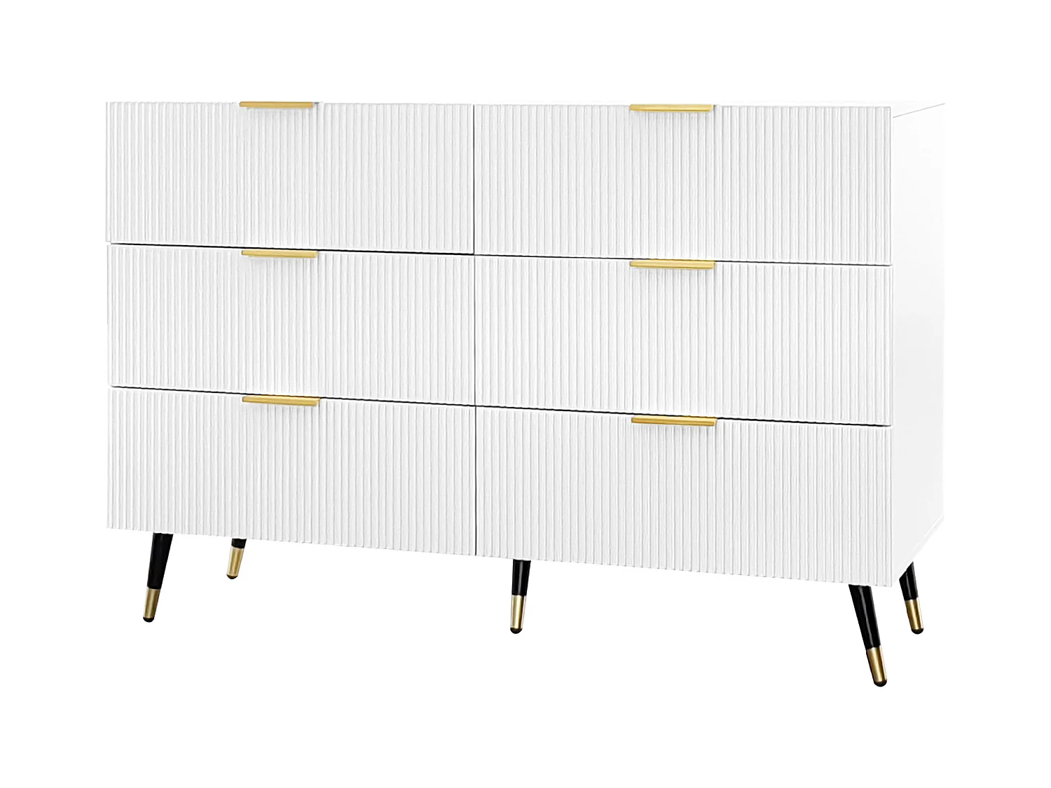 Buffet 120x40x77cm avec 6 tiroirs, pieds et poignées dorées, corps blanc