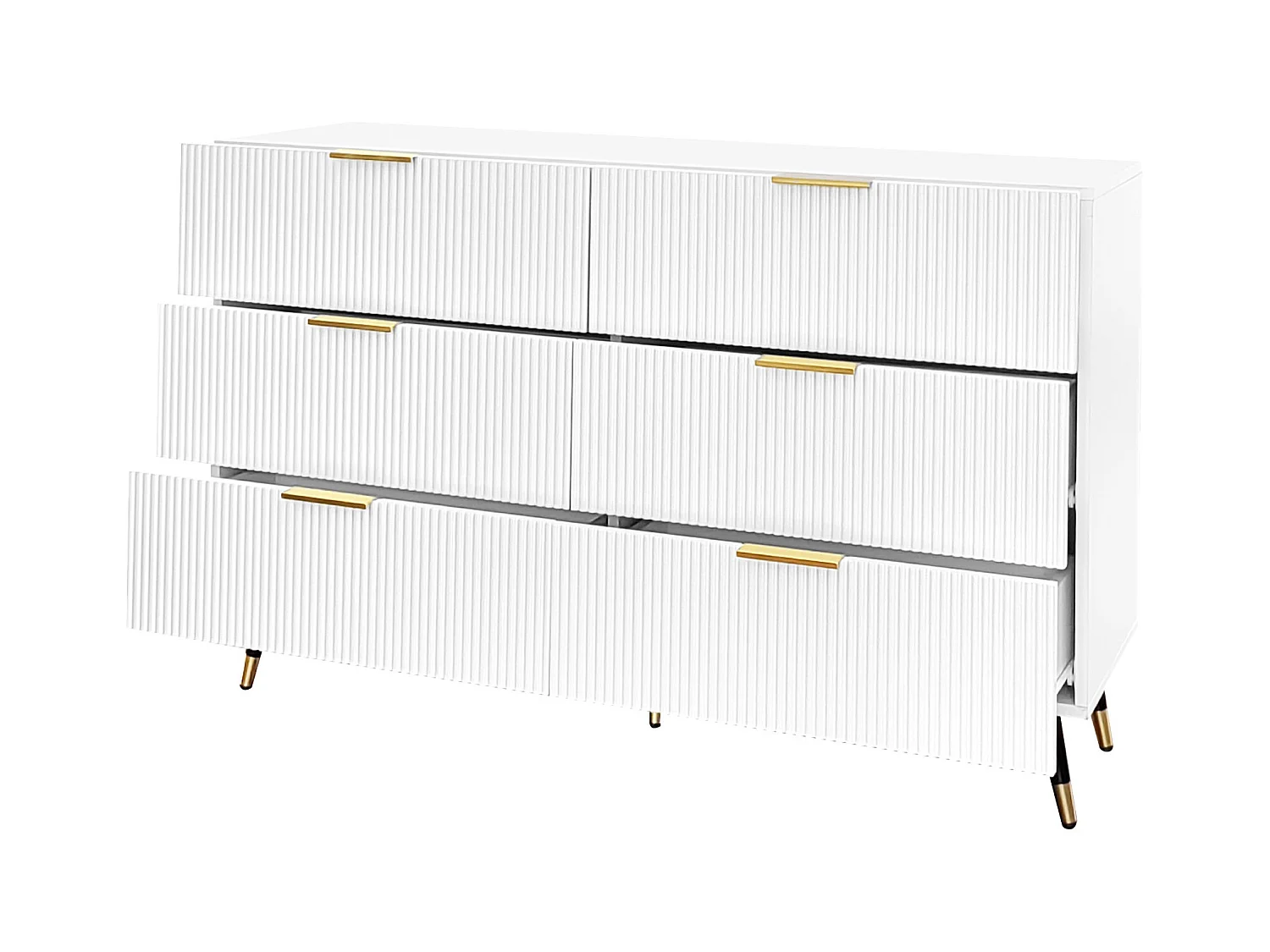 Buffet 120x40x77cm avec 6 tiroirs, pieds et poignées dorées, corps blanc