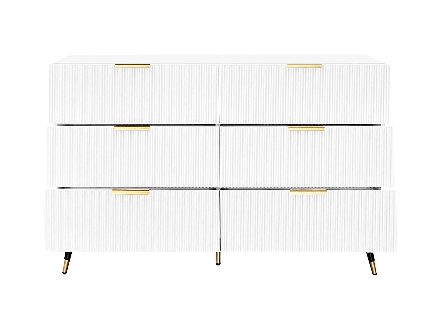 Buffet 120x40x77cm avec 6 tiroirs, pieds et poignées dorées, corps blanc
