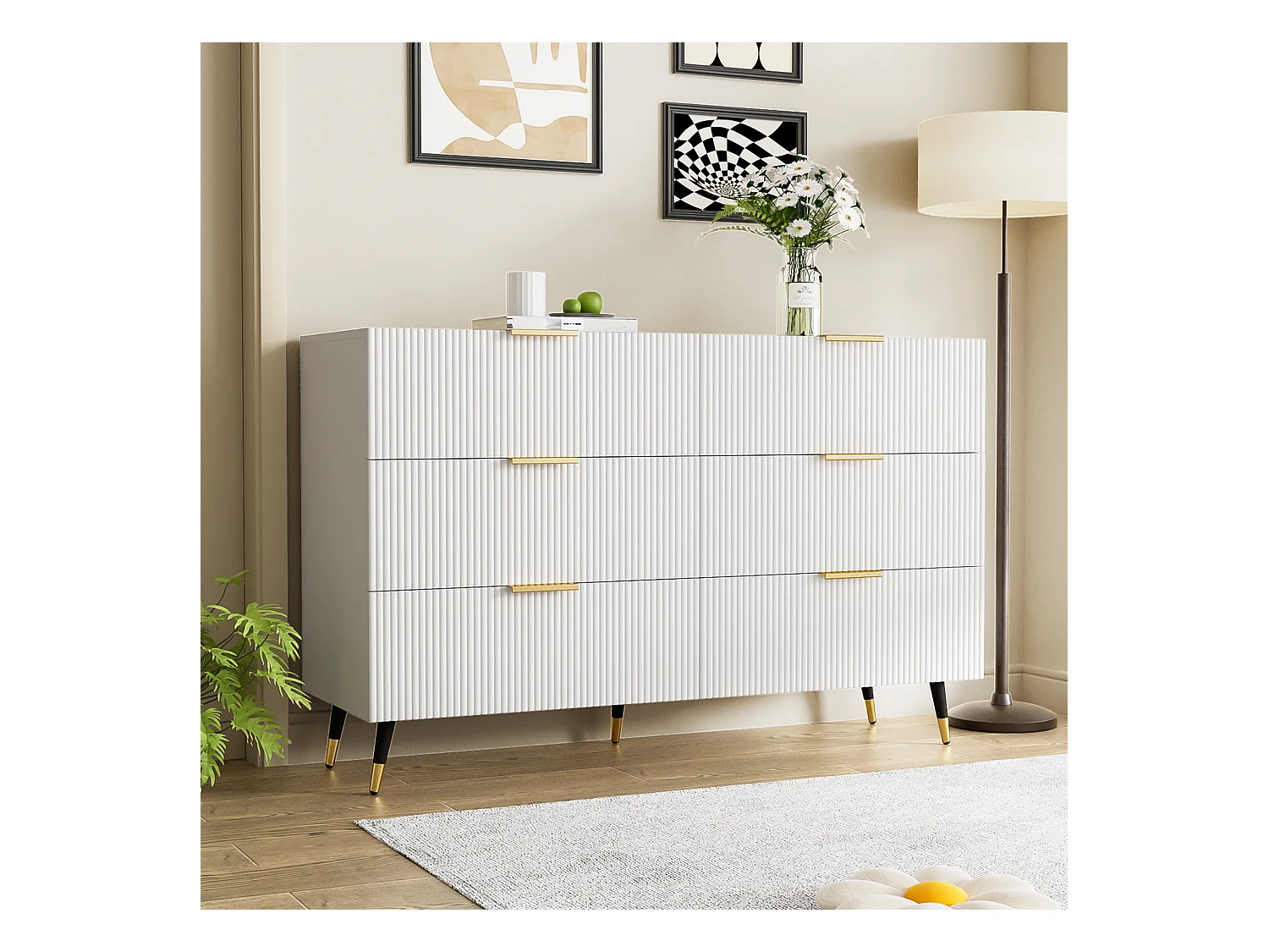 Buffet 120x40x77cm avec 6 tiroirs, pieds et poignées dorées, corps blanc