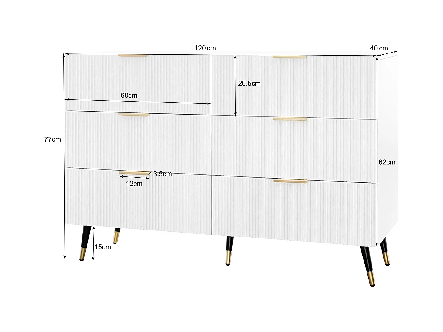 Buffet 120x40x77cm avec 6 tiroirs, pieds et poignées dorées, corps blanc