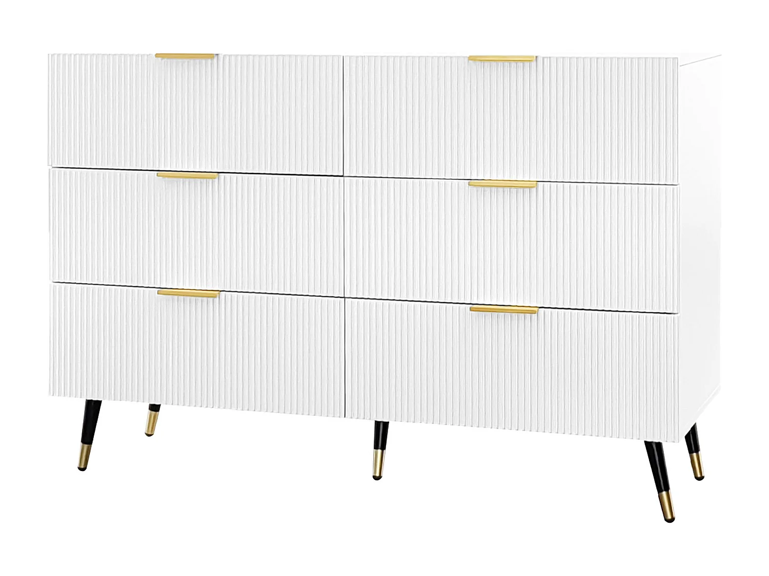 Aparador 120x40x77cm com 6 gavetas, pés e puxadores dourados, corpo branco