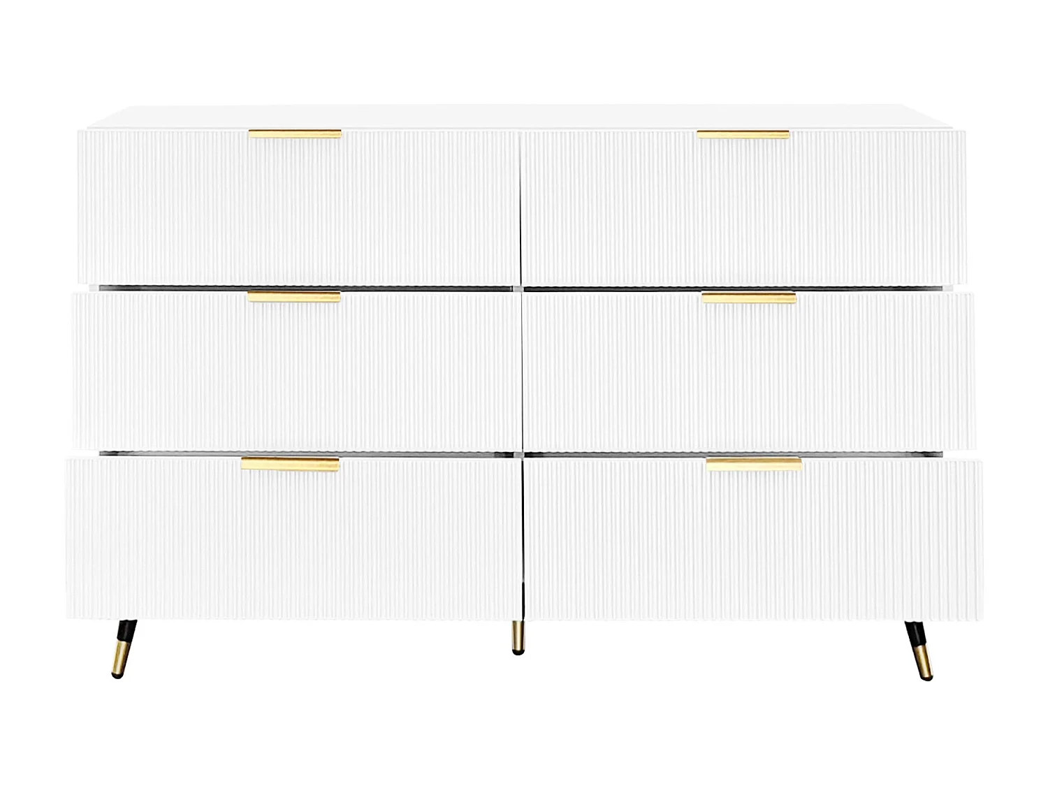 Aparador 120x40x77cm com 6 gavetas, pés e puxadores dourados, corpo branco