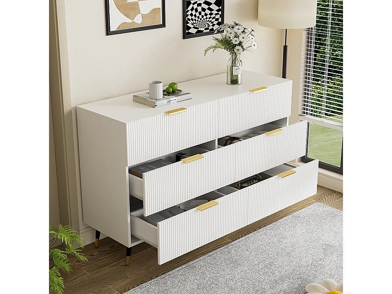 Dressoir 120x40x77cm met 6 lades, gouden poten en handgrepen, witte body