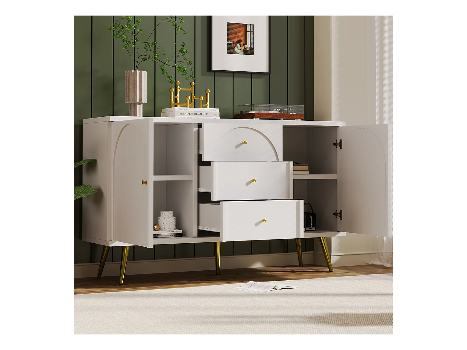 Buffet 140x40x84cm avec 3 tiroirs et 2 portes, pieds et poignées dorées, corps crème