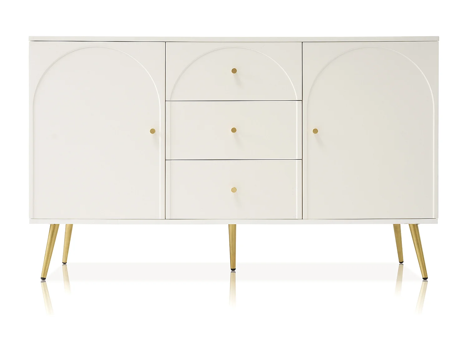 Aparador 140x40x84cm com 3 gavetas e 2 portas, pés e puxadores dourados, corpo creme