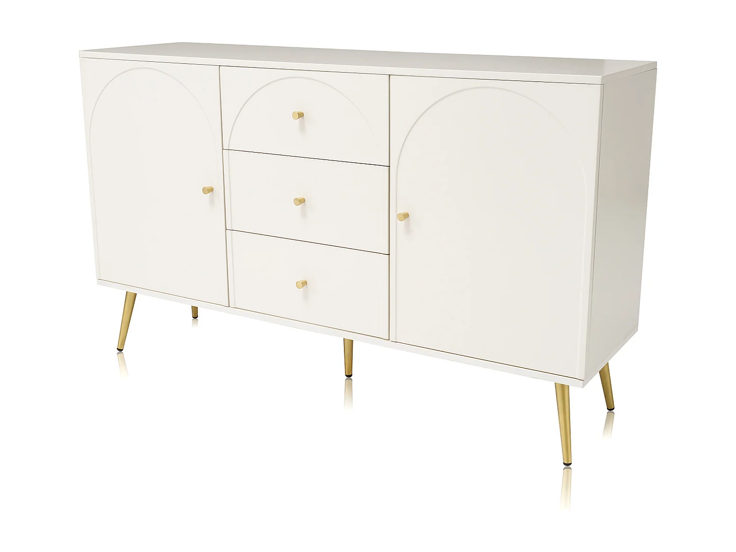 Aparador 140x40x84cm com 3 gavetas e 2 portas, pés e puxadores dourados, corpo creme