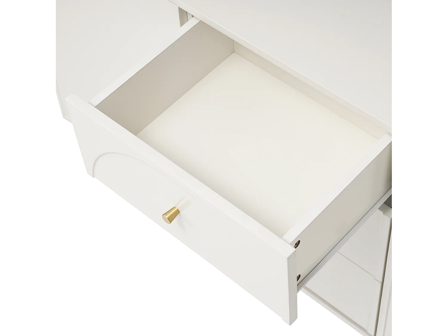 Aparador 140x40x84cm com 3 gavetas e 2 portas, pés e puxadores dourados, corpo creme