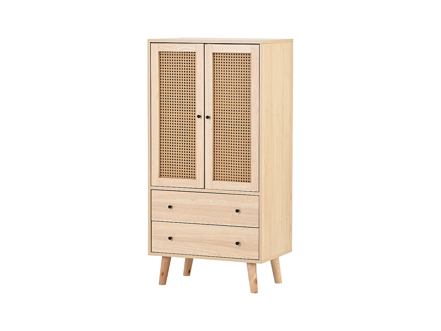 Buffet de cuisine 60x40x120cm, 2 portes en rotin et 2 tiroirs, en bois naturel clair