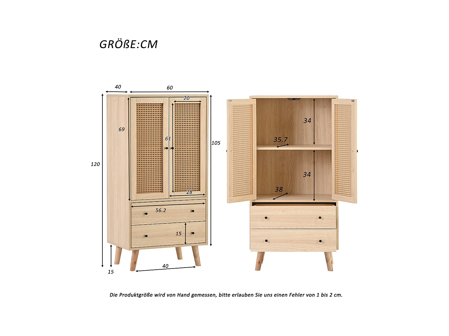 Buffet de cuisine 60x40x120cm, 2 portes en rotin et 2 tiroirs, en bois naturel clair