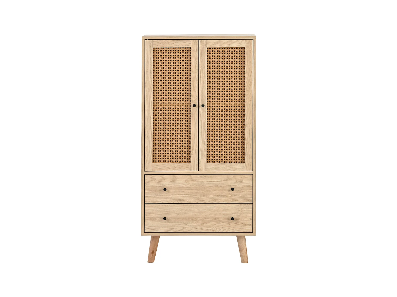 Buffet de cuisine 60x40x120cm, 2 portes en rotin et 2 tiroirs, en bois naturel clair