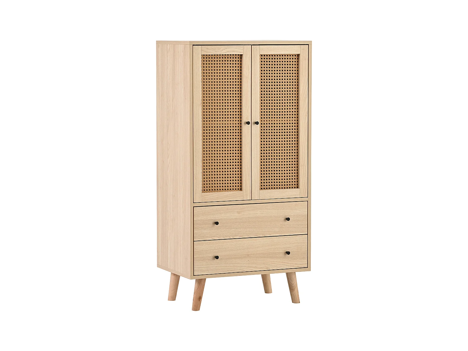 Buffet de cuisine 60x40x120cm, 2 portes en rotin et 2 tiroirs, en bois naturel clair