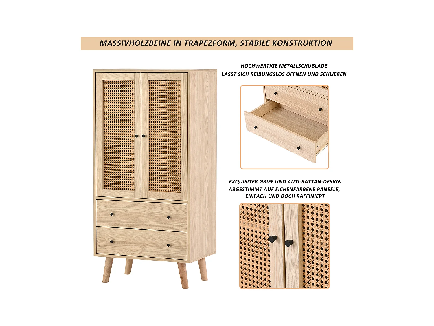 Buffet de cuisine 60x40x120cm, 2 portes en rotin et 2 tiroirs, en bois naturel clair