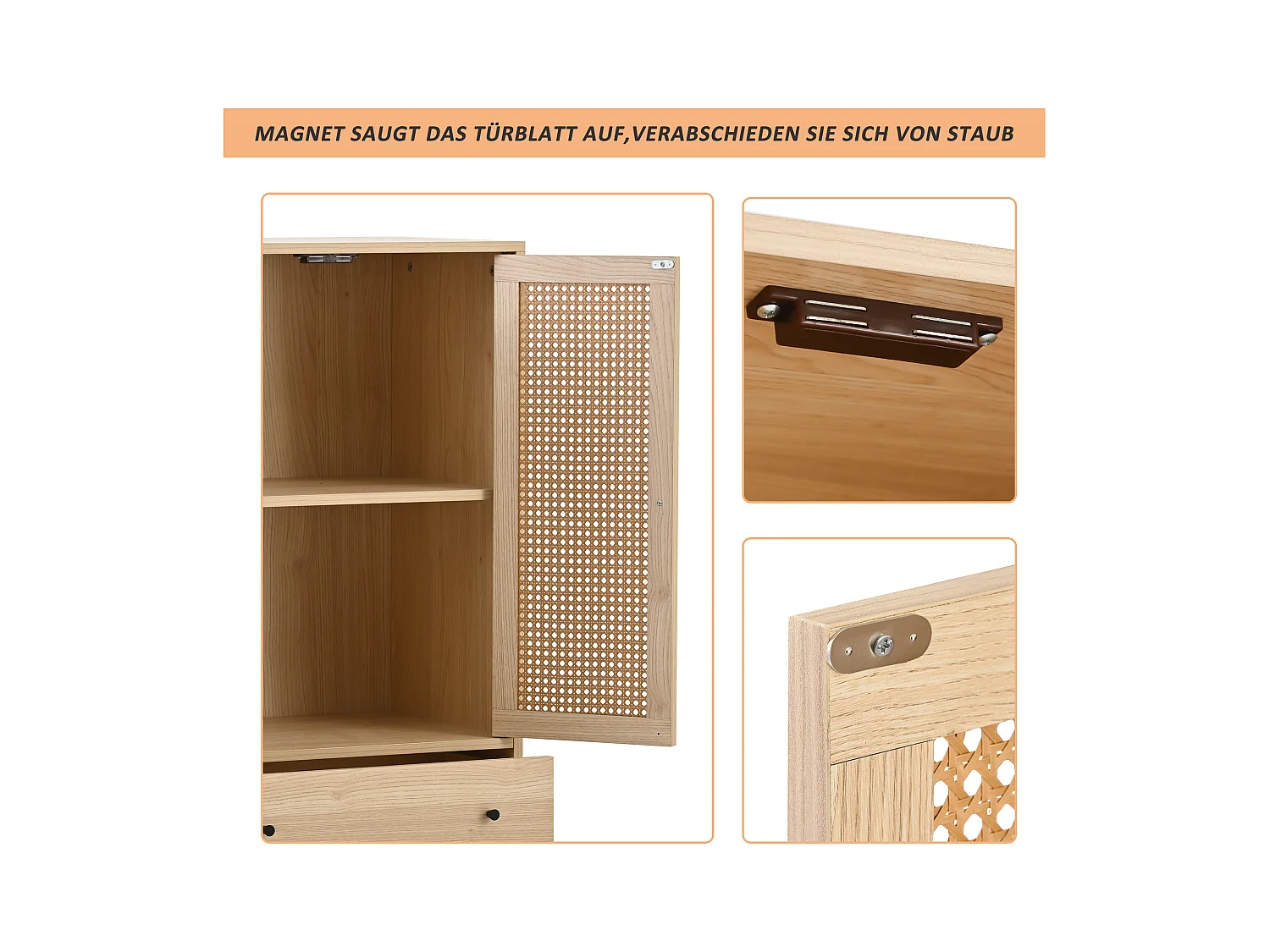 Buffet de cuisine 60x40x120cm, 2 portes en rotin et 2 tiroirs, en bois naturel clair