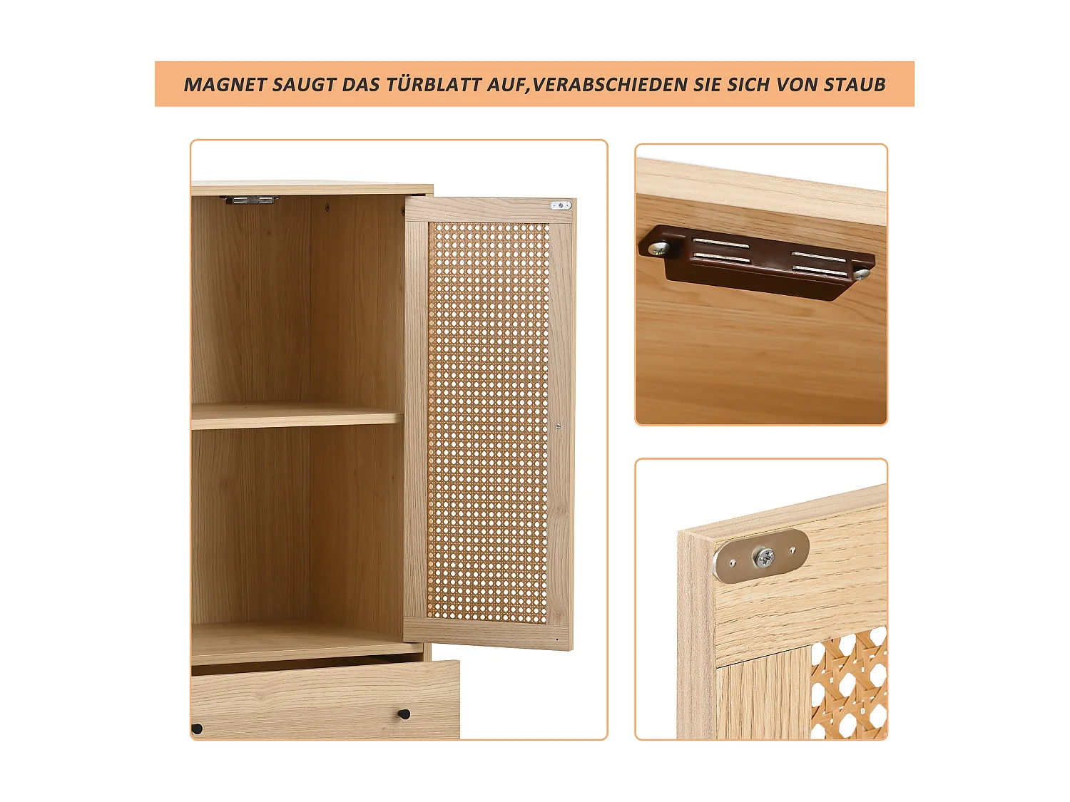 Buffet de cuisine 60x40x120cm, 2 portes en rotin et 2 tiroirs, en bois naturel clair