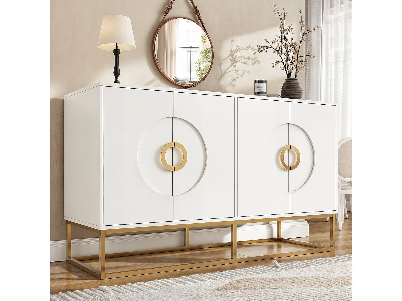 Credenza Moderna 145x41x80 Cm Con 4 Ante E Ripiano Regolabile – Struttura In Metallo, Maniglie Dorate, Colori Bianco/Nero/Blu Navy Per Soggiorno E Cucina