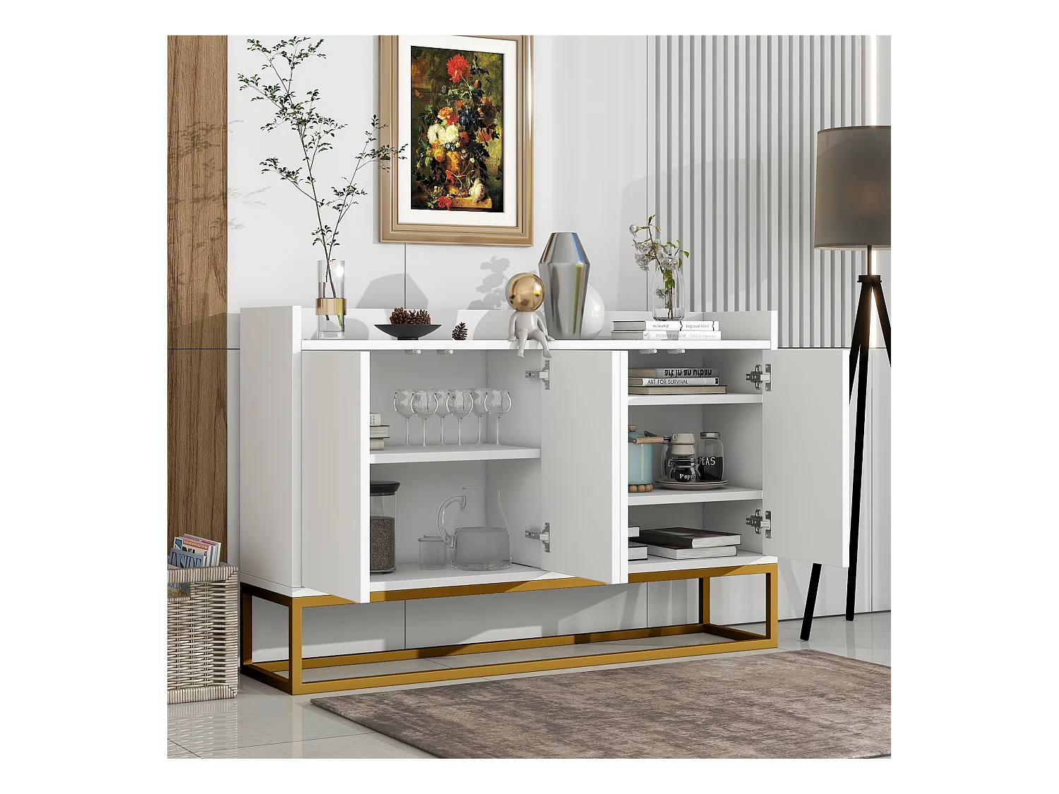 Buffet 120x30x80cm avec 4 portes sans poignées, pieds en métal doré, corps blanc