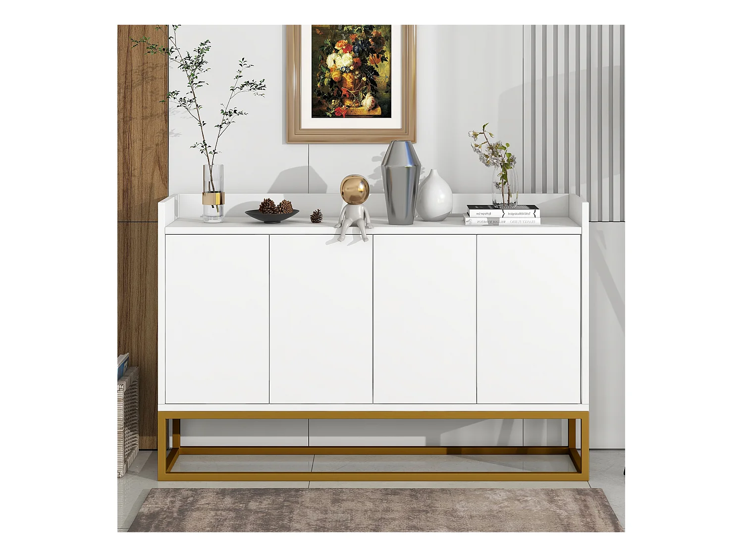 Buffet 120x30x80cm avec 4 portes sans poignées, pieds en métal doré, corps blanc