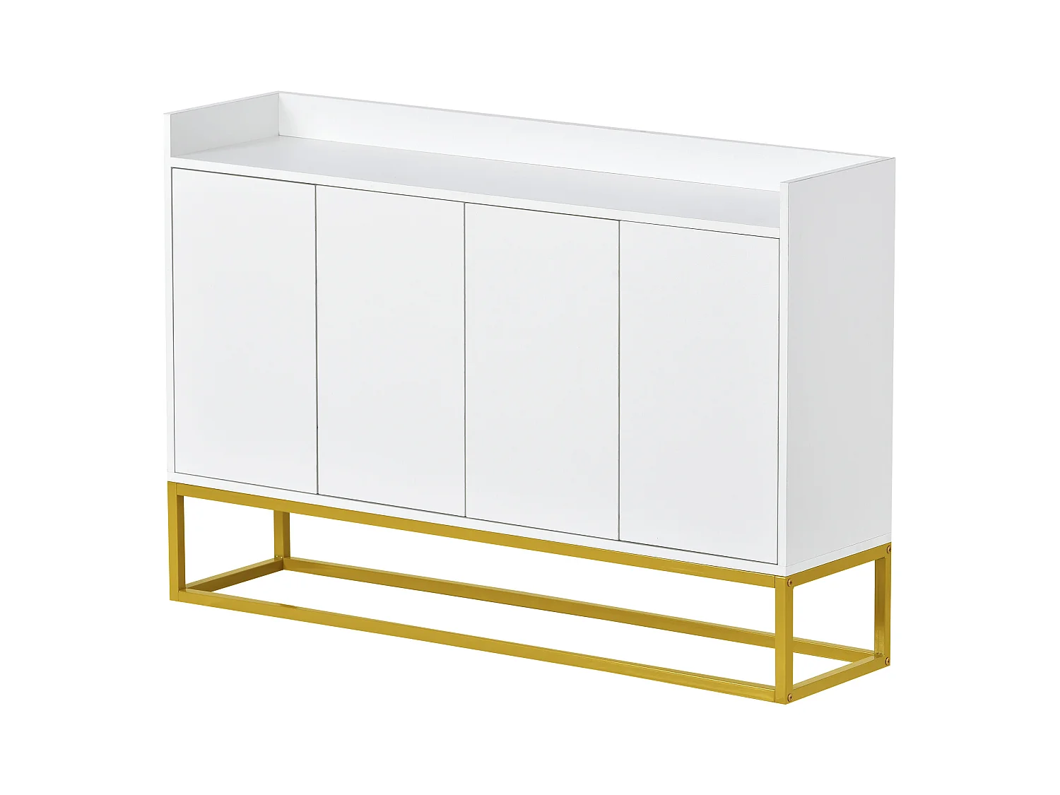 Buffet 120x30x80cm avec 4 portes sans poignées, pieds en métal doré, corps blanc