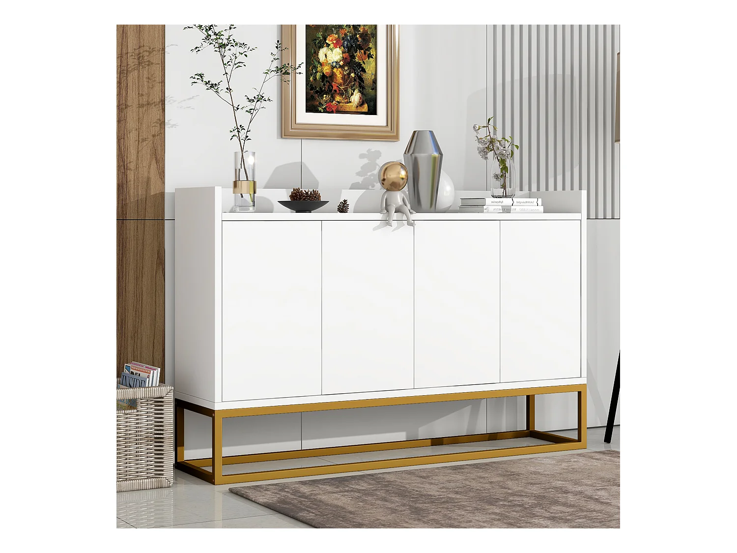 Buffet 120x30x80cm avec 4 portes sans poignées, pieds en métal doré, corps blanc