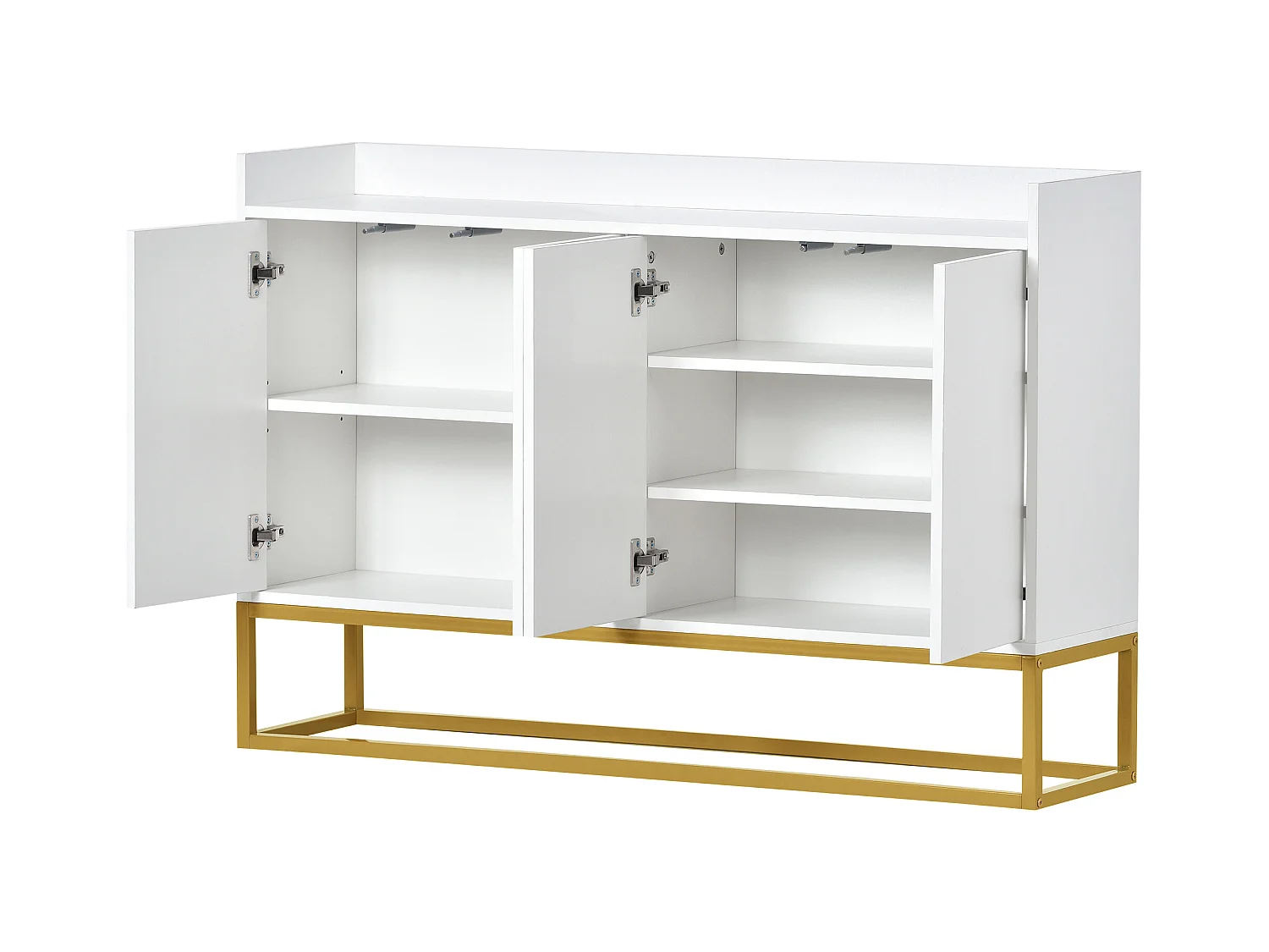 Buffet 120x30x80cm avec 4 portes sans poignées, pieds en métal doré, corps blanc