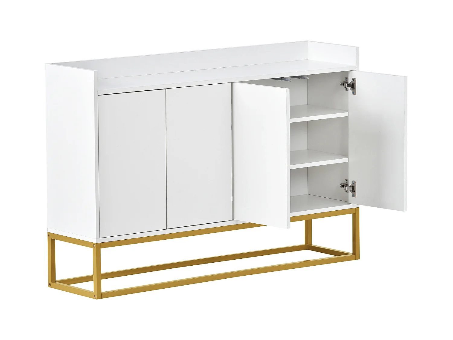 Buffet 120x30x80cm avec 4 portes sans poignées, pieds en métal doré, corps blanc