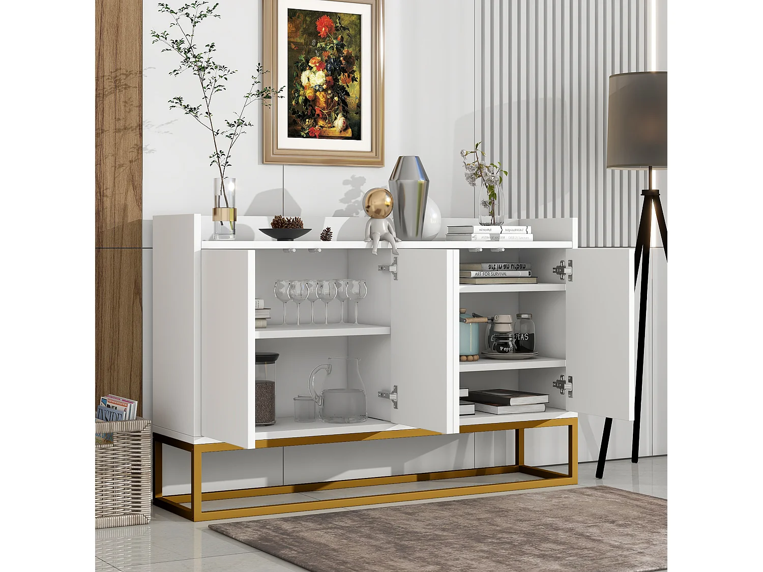 Buffet 120x30x80cm avec 4 portes sans poignées, pieds en métal doré, corps blanc