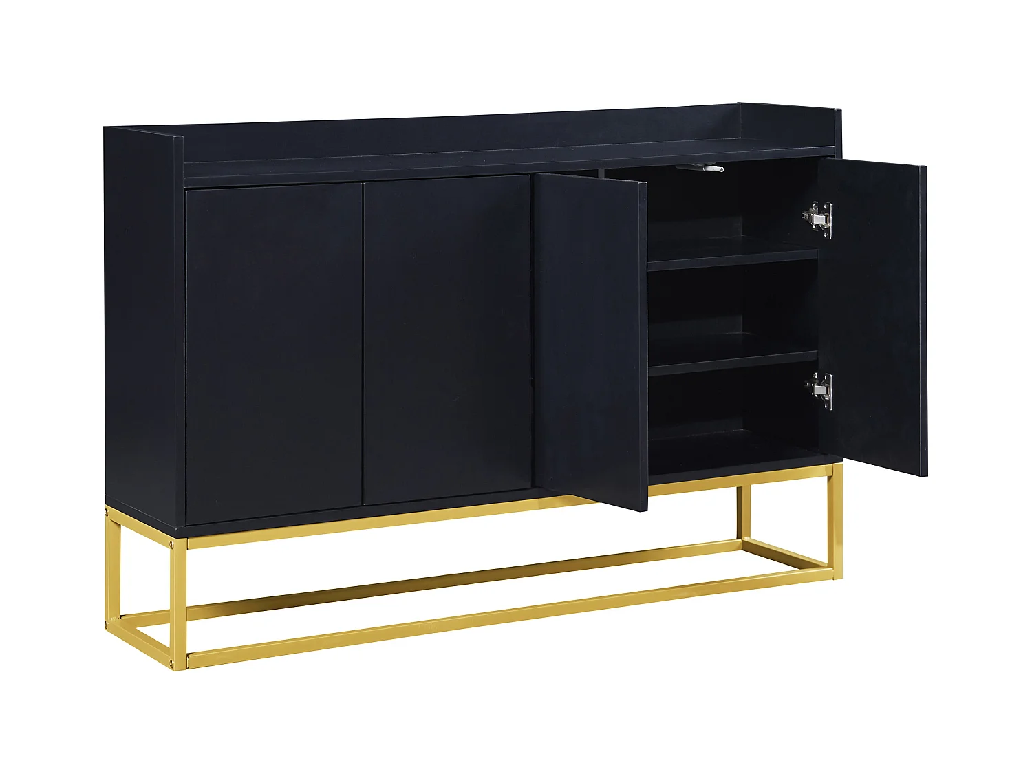 Buffet 120x30x80cm avec 4 portes sans poignées, pieds en métal doré, corps noir