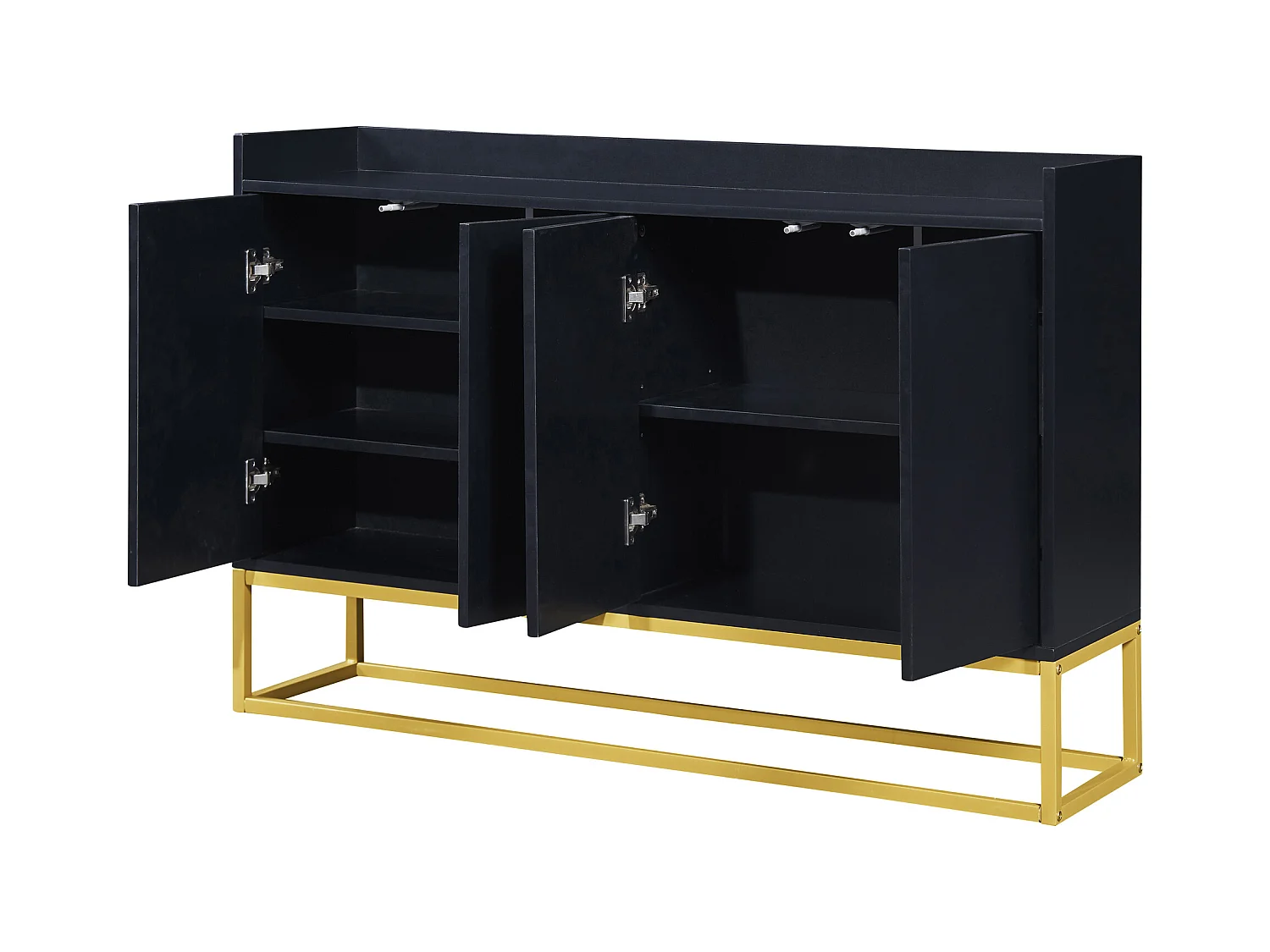 Buffet 120x30x80cm avec 4 portes sans poignées, pieds en métal doré, corps noir