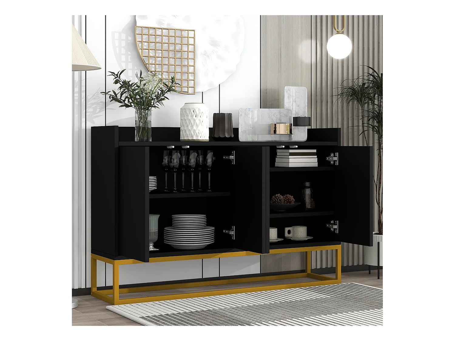 Buffet 120x30x80cm avec 4 portes sans poignées, pieds en métal doré, corps noir