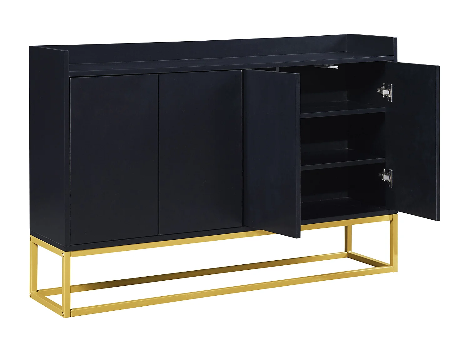 Buffet 120x30x80cm avec 4 portes sans poignées, pieds en métal doré, corps noir