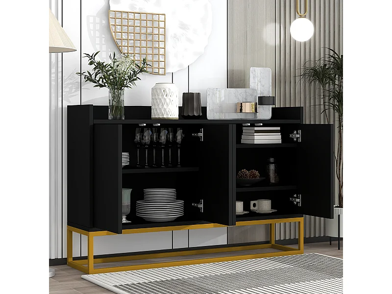 Aparador 120x30x80cm com 4 portas sem puxadores, pés de metal dourado, corpo preto