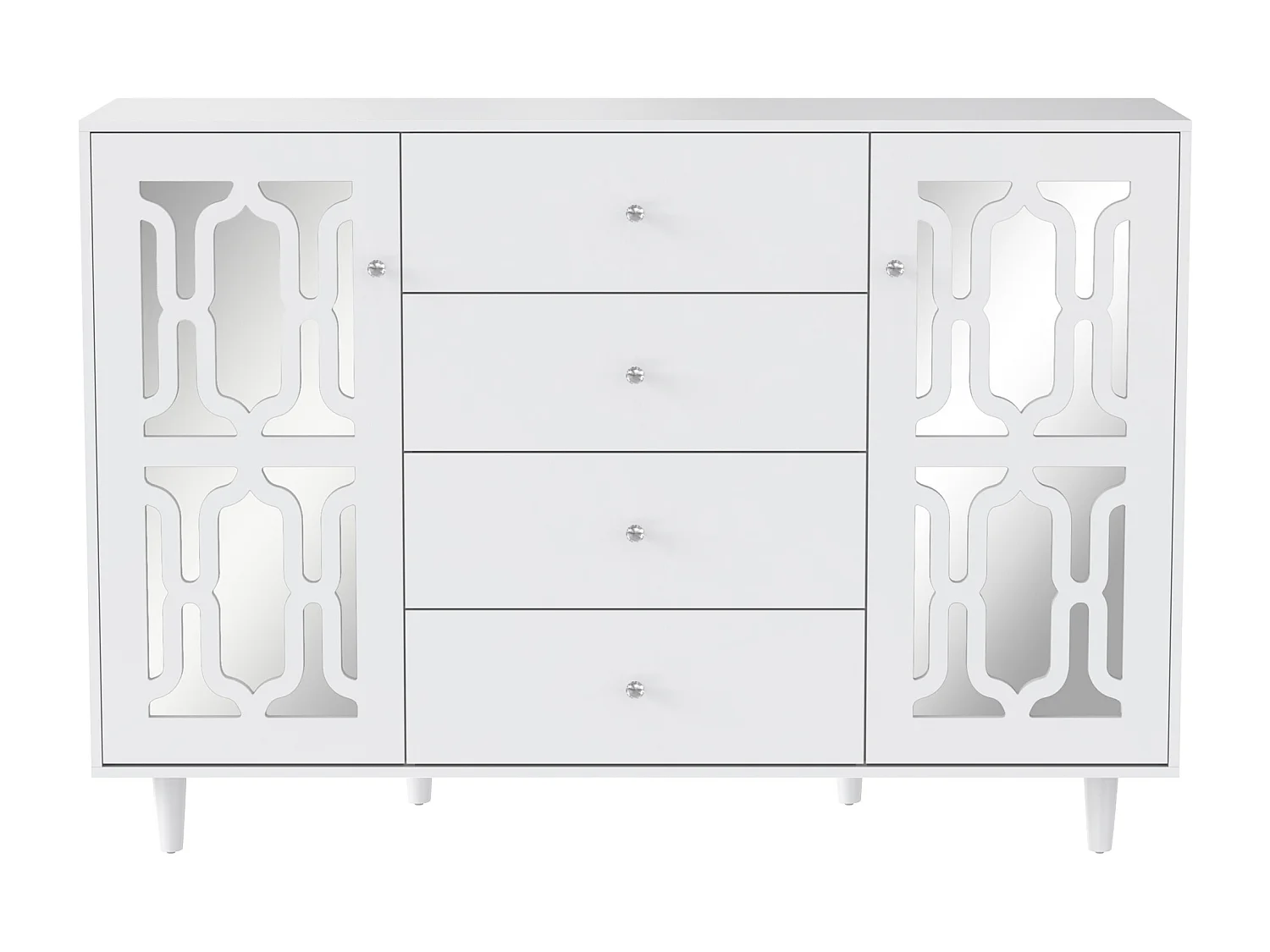 Buffet 160x40x84cm avec 2 portes en miroir et 4 tiroirs, corps en noir laqué