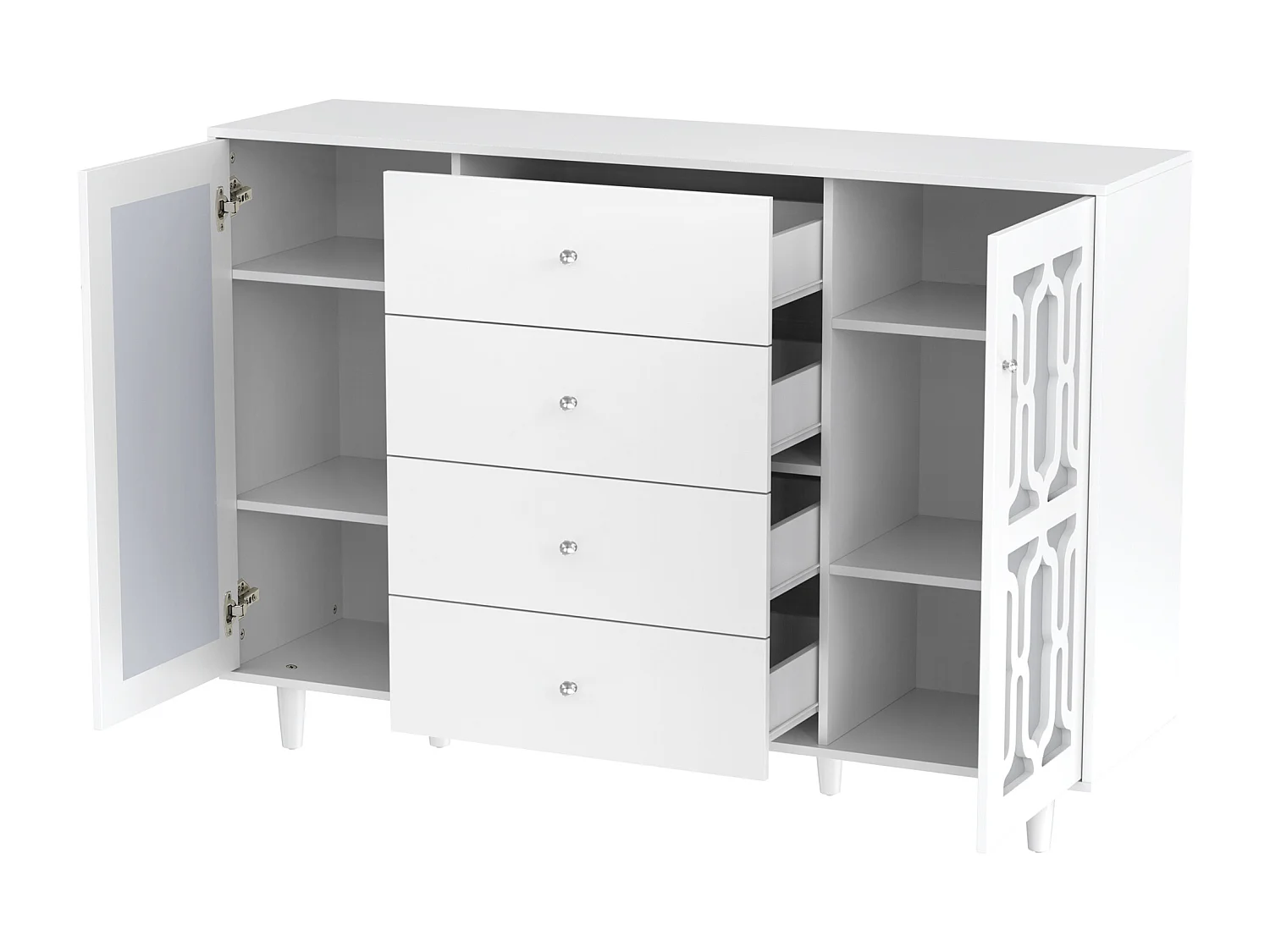 Buffet 160x40x84cm avec 2 portes en miroir et 4 tiroirs, corps en noir laqué