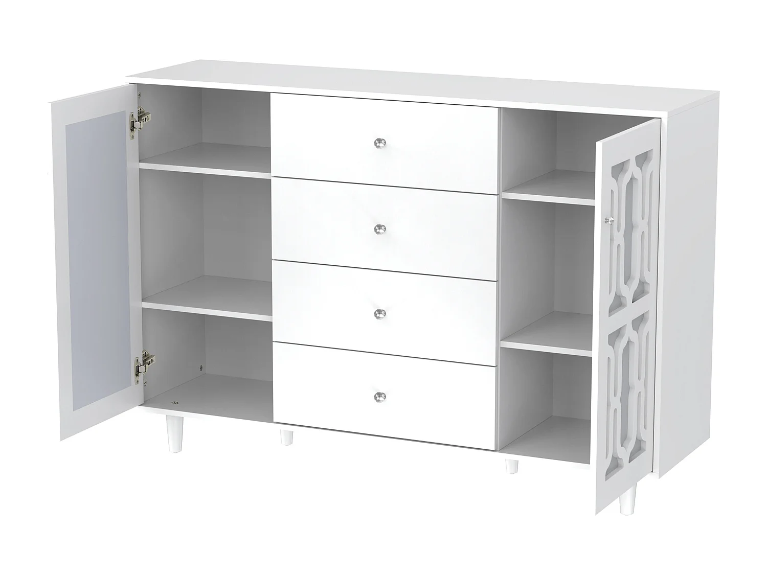 Buffet 160x40x84cm avec 2 portes en miroir et 4 tiroirs, corps en noir laqué