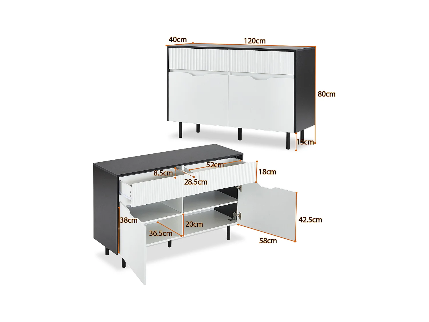 Buffet de cuisine 120x40x80cm avec 2 tiroirs et 2 portes, blanc et noir