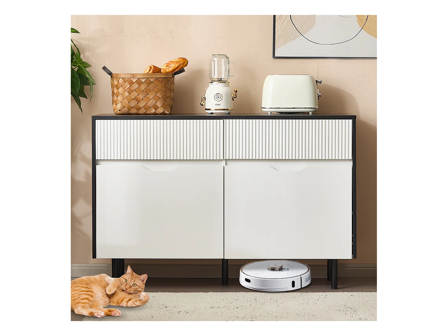 Buffet de cuisine 120x40x80cm avec 2 tiroirs et 2 portes, blanc et noir