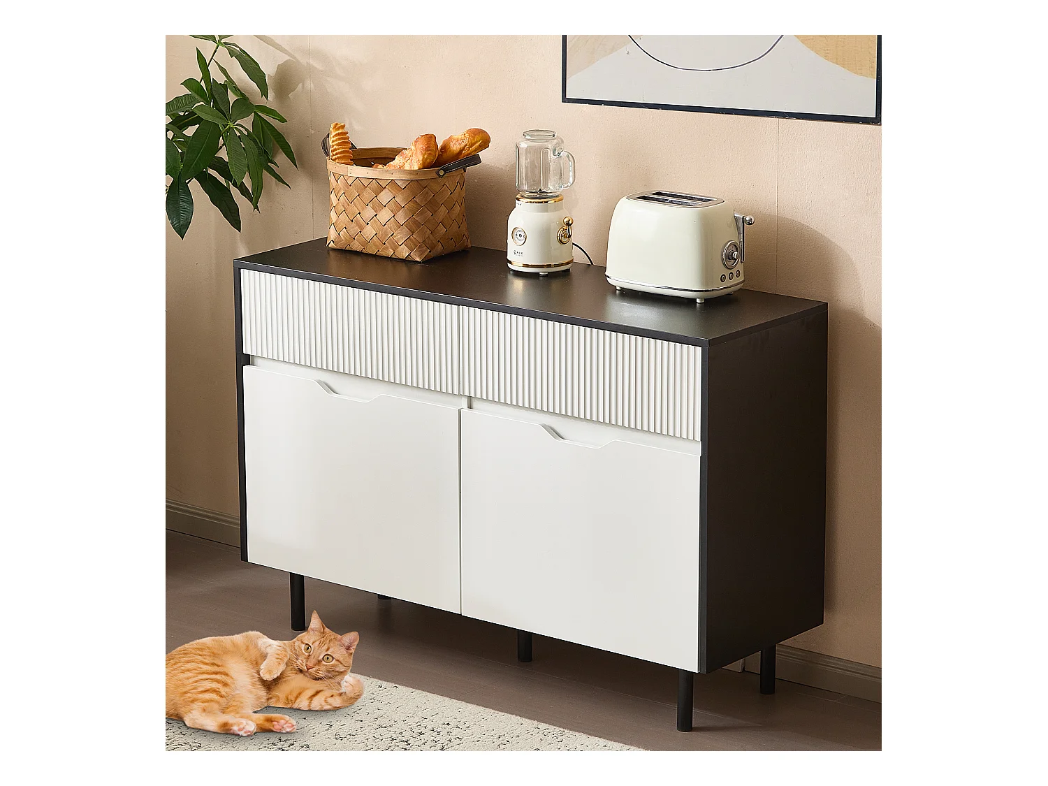 Aparador de cocina 120x40x80cm con 2 cajones y 2 puertas, blanco y negro