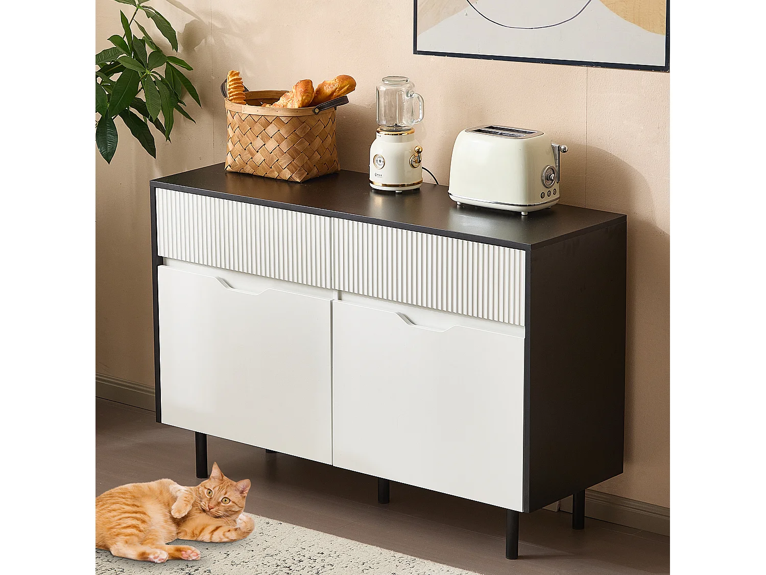 Aparador de cozinha 120x40x80cm com 2 gavetas e 2 portas, branco e preto