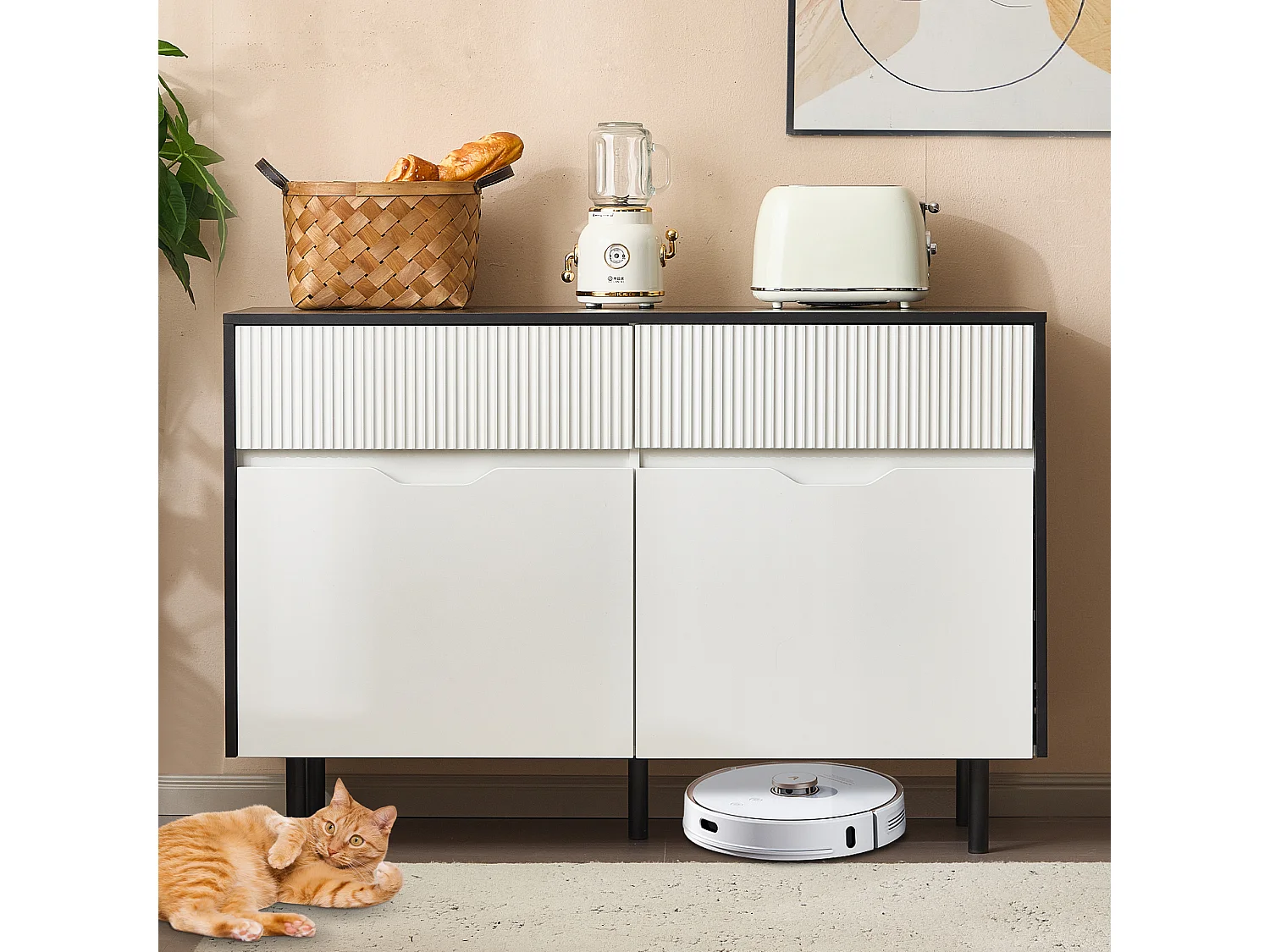 Aparador de cozinha 120x40x80cm com 2 gavetas e 2 portas, branco e preto