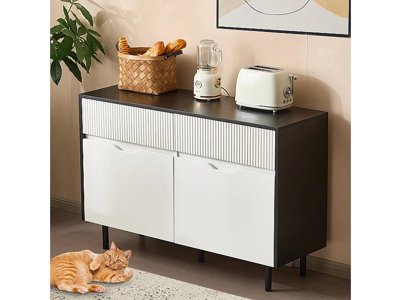 Aparador de cozinha 120x40x80cm com 2 gavetas e 2 portas, branco e preto