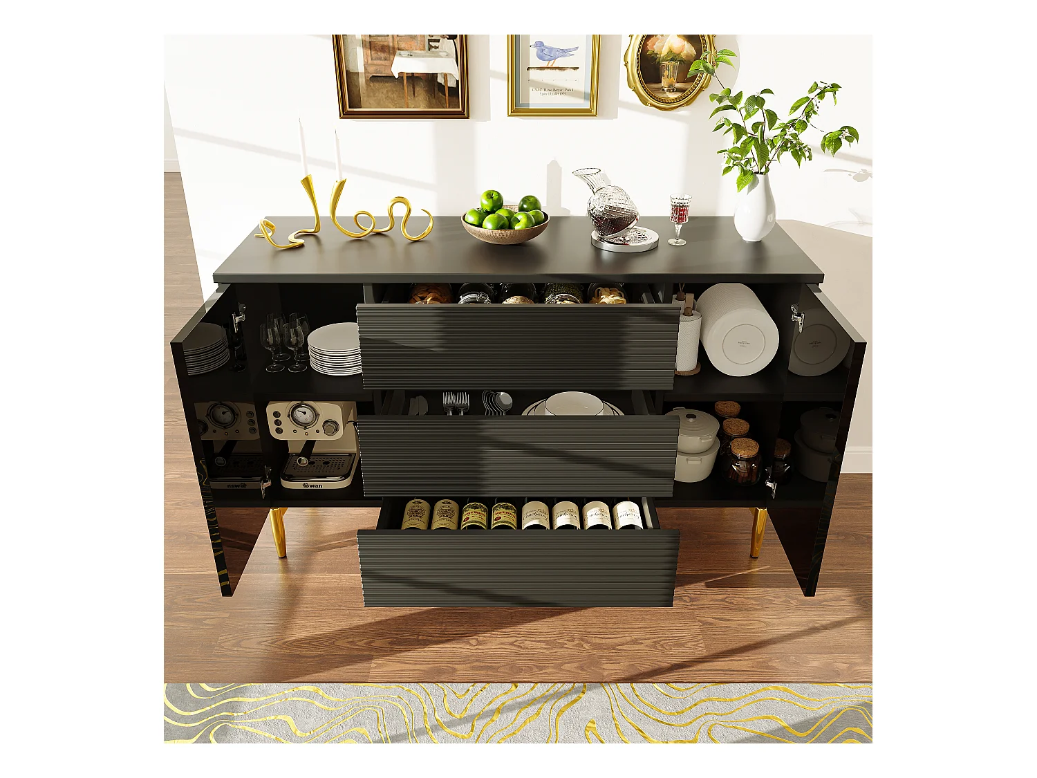 Buffet 120x40x76cm avec 3 tiroirs et 2 portes, pieds en métal doré, corps noir brillant
