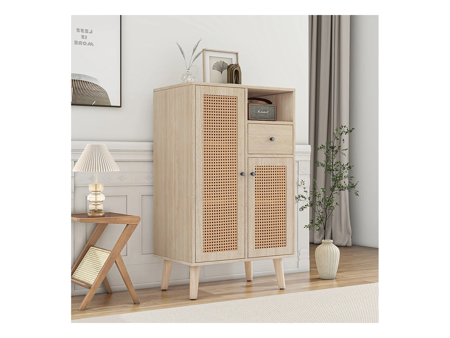 Buffet de cuisine 60x40x110cm, 2 portes en rotin et 1 tiroir, en bois, naturel clair