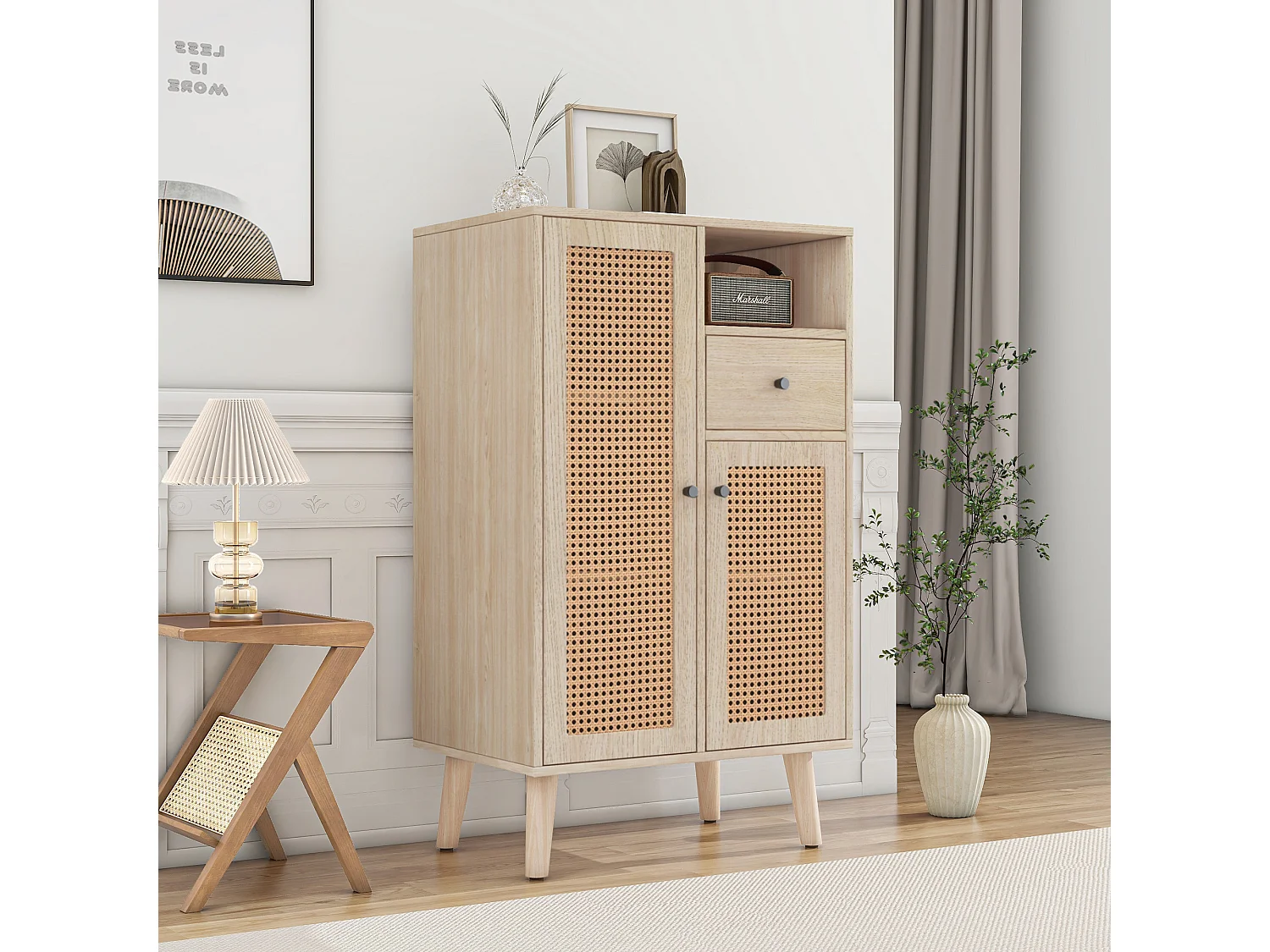 Buffet de cuisine 60x40x110cm, 2 portes en rotin et 1 tiroir, en bois, naturel clair