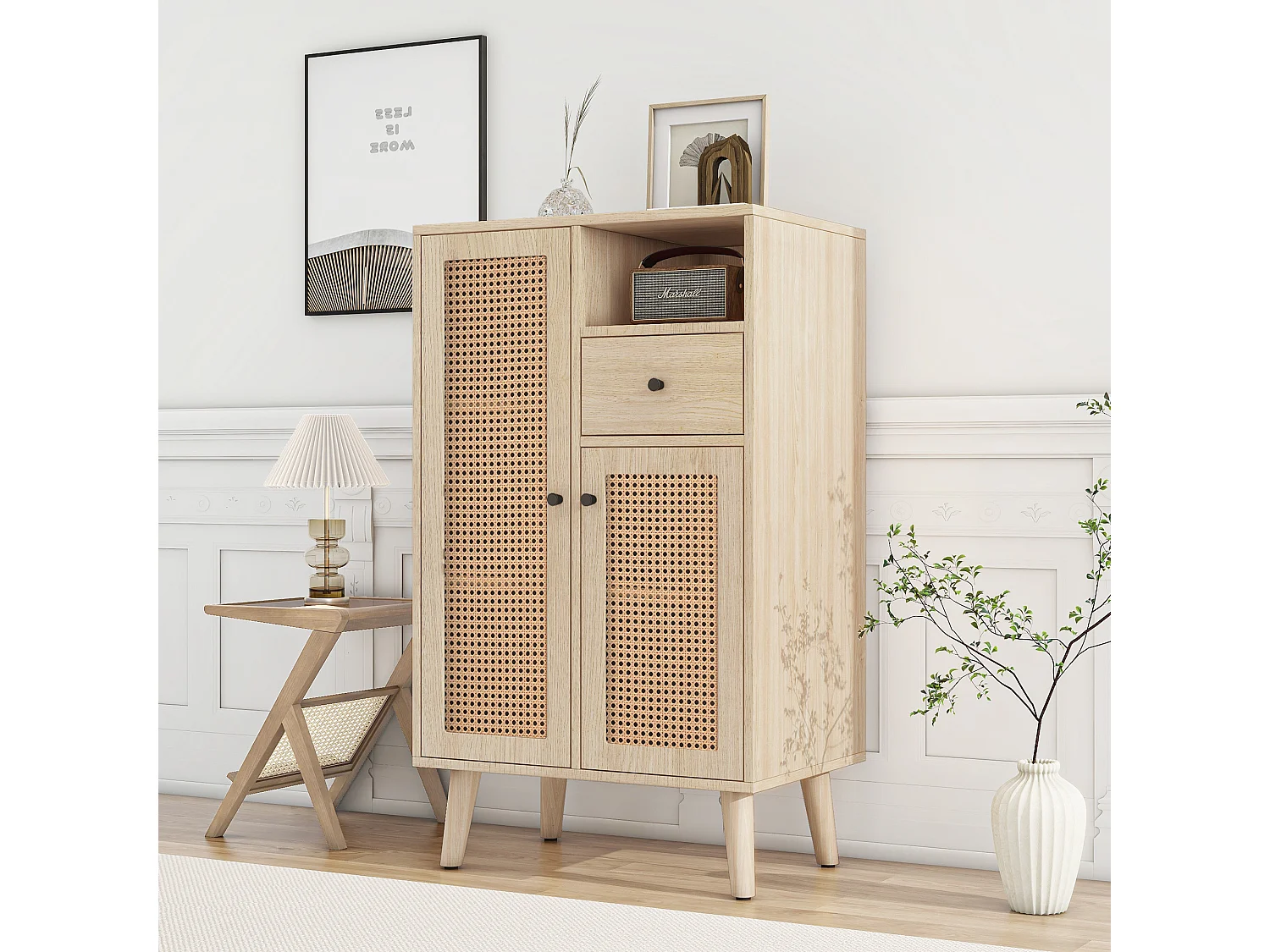 Buffet de cuisine 60x40x110cm, 2 portes en rotin et 1 tiroir, en bois, naturel clair