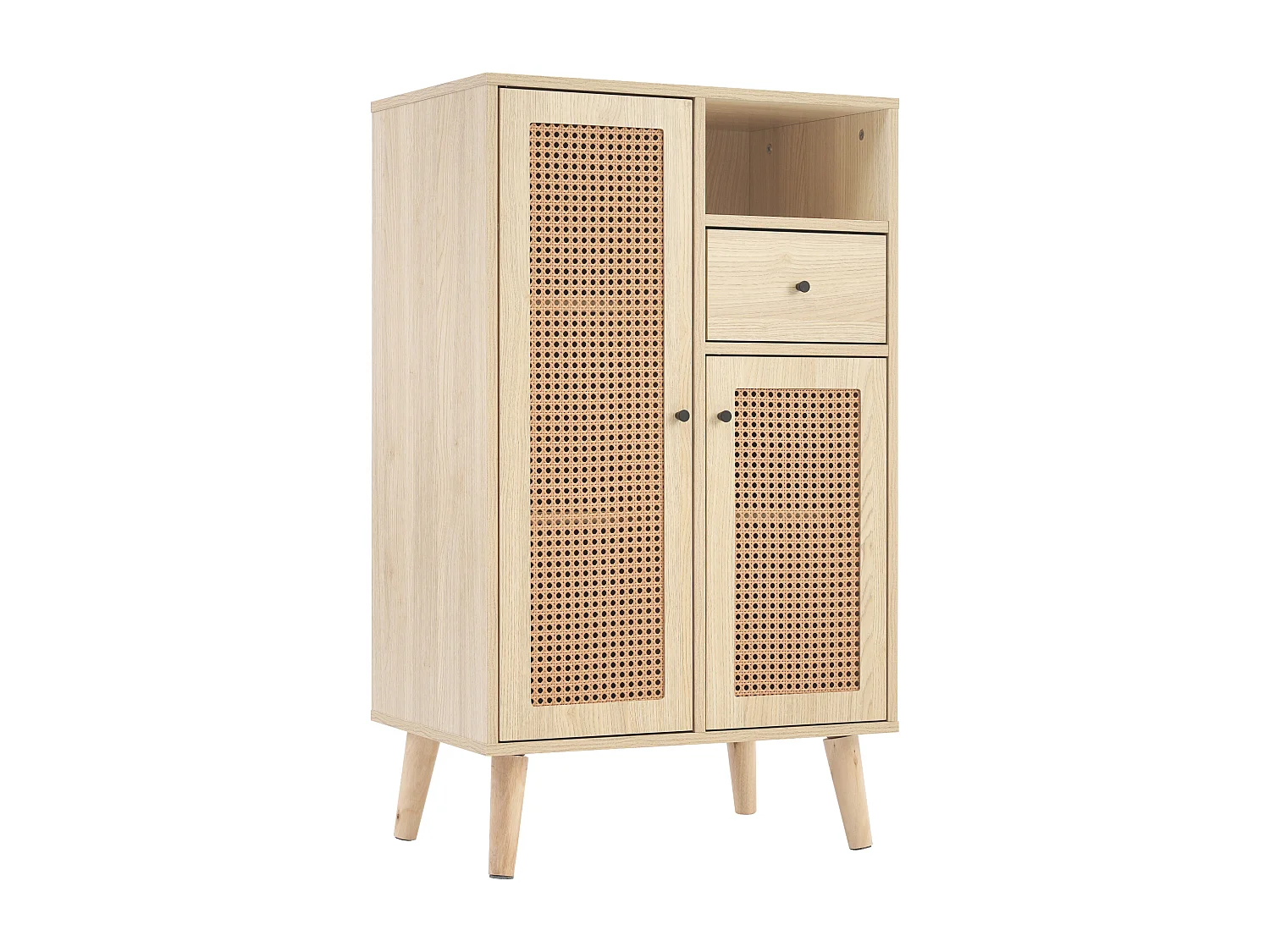 Buffet de cuisine 60x40x110cm, 2 portes en rotin et 1 tiroir, en bois, naturel clair