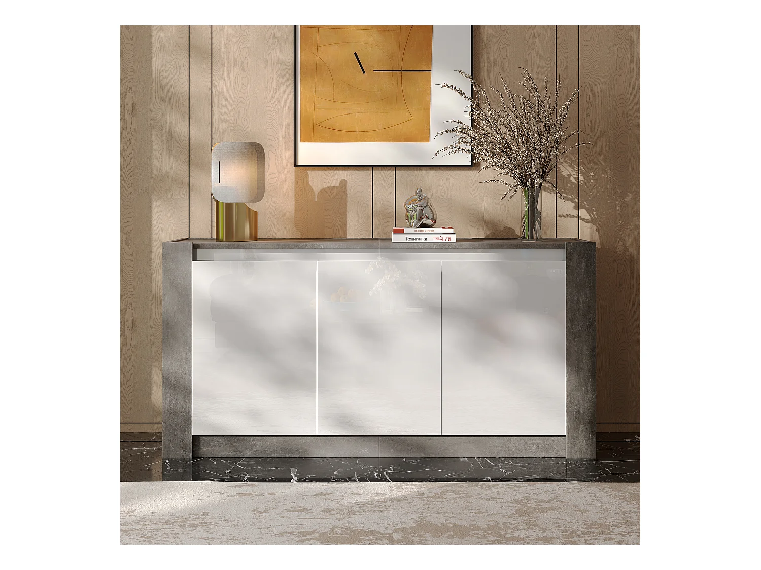 Credenza 150x40x75cm con 3 ante senza maniglia laccate bianche e LED, corpo grigio testurizzato