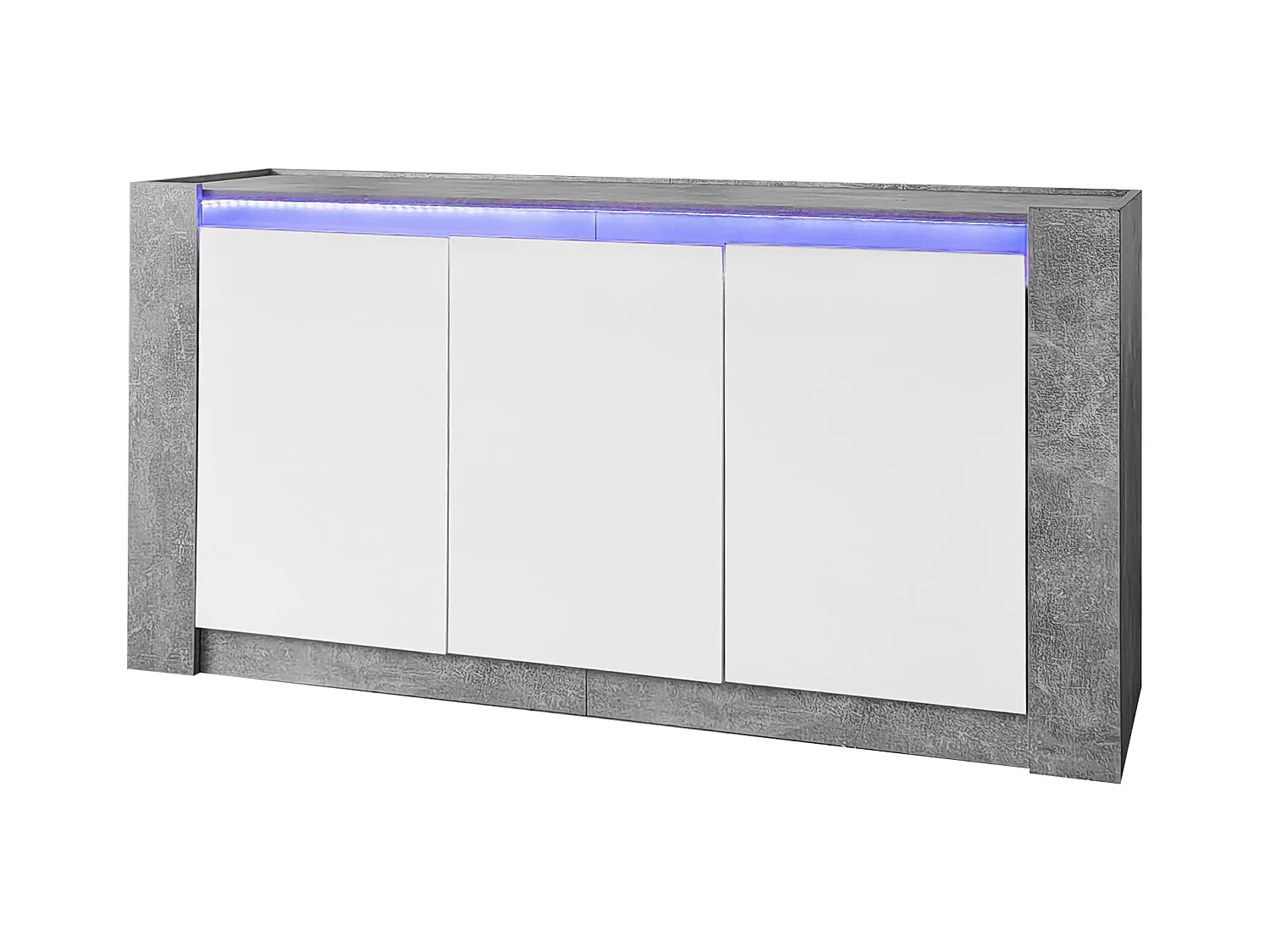 Credenza 150x40x75cm con 3 ante senza maniglia laccate bianche e LED, corpo grigio testurizzato