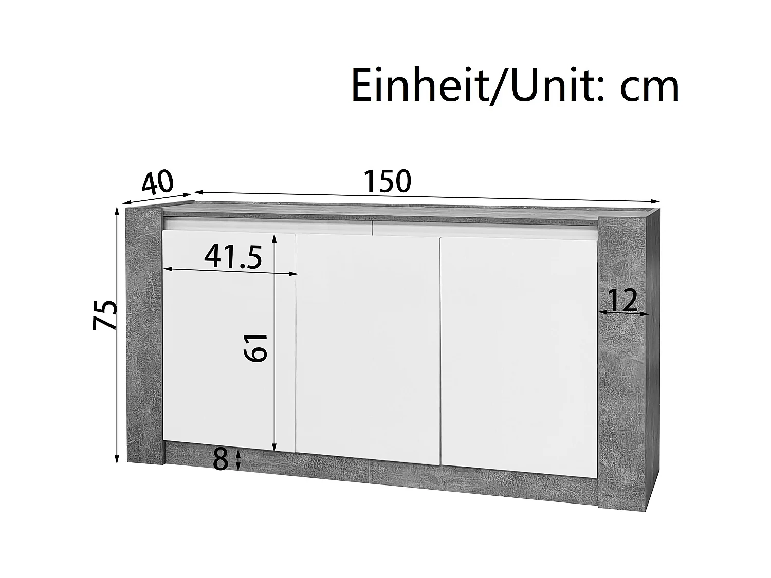 Credenza 150x40x75cm con 3 ante senza maniglia laccate bianche e LED, corpo grigio testurizzato