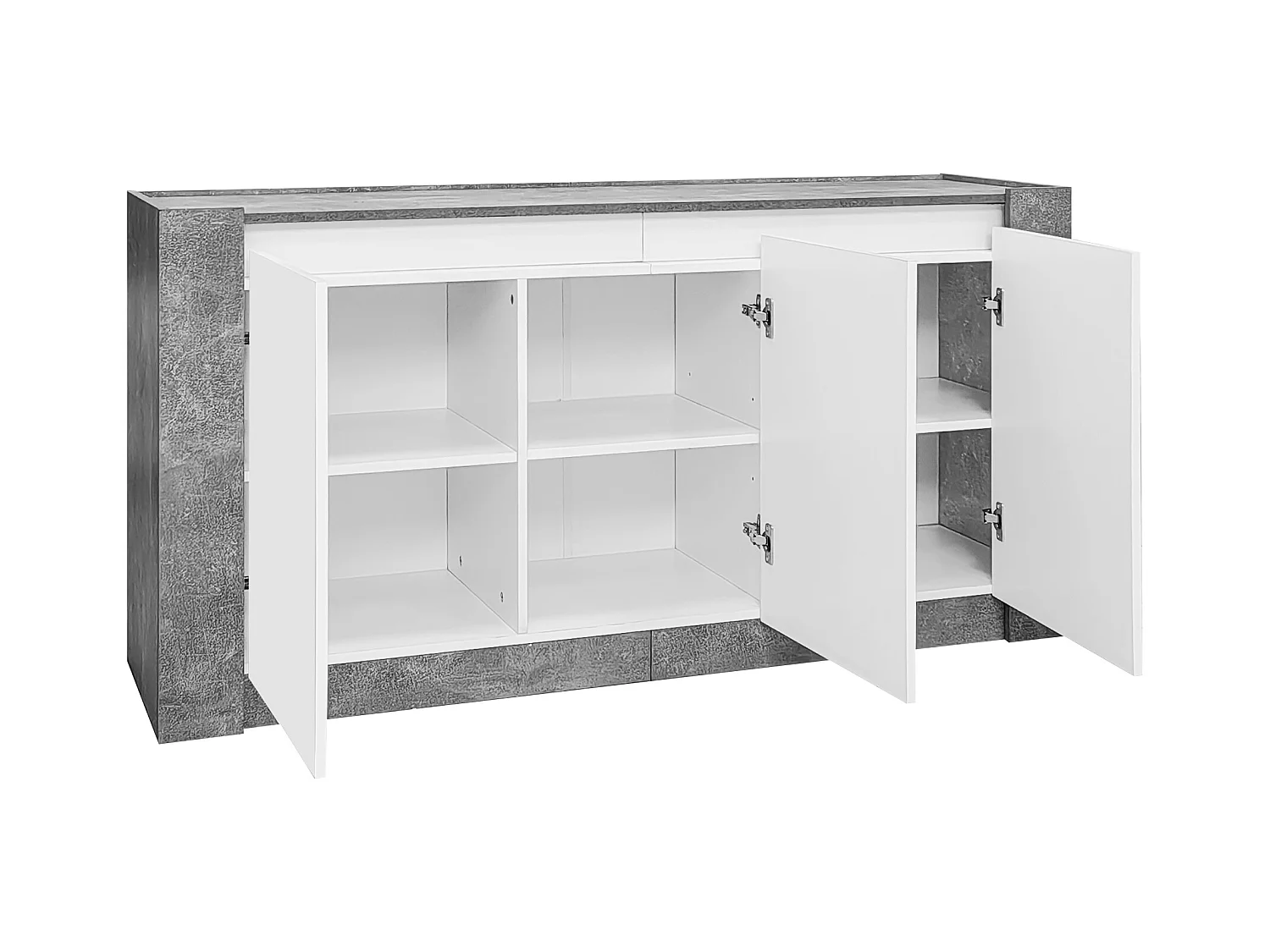 Credenza 150x40x75cm con 3 ante senza maniglia laccate bianche e LED, corpo grigio testurizzato